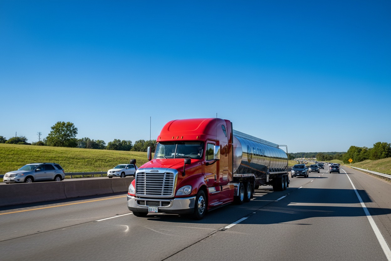 A red semi-truck with a silver tanker trailer drives on a multi-lane highway under a clear blue sky.
